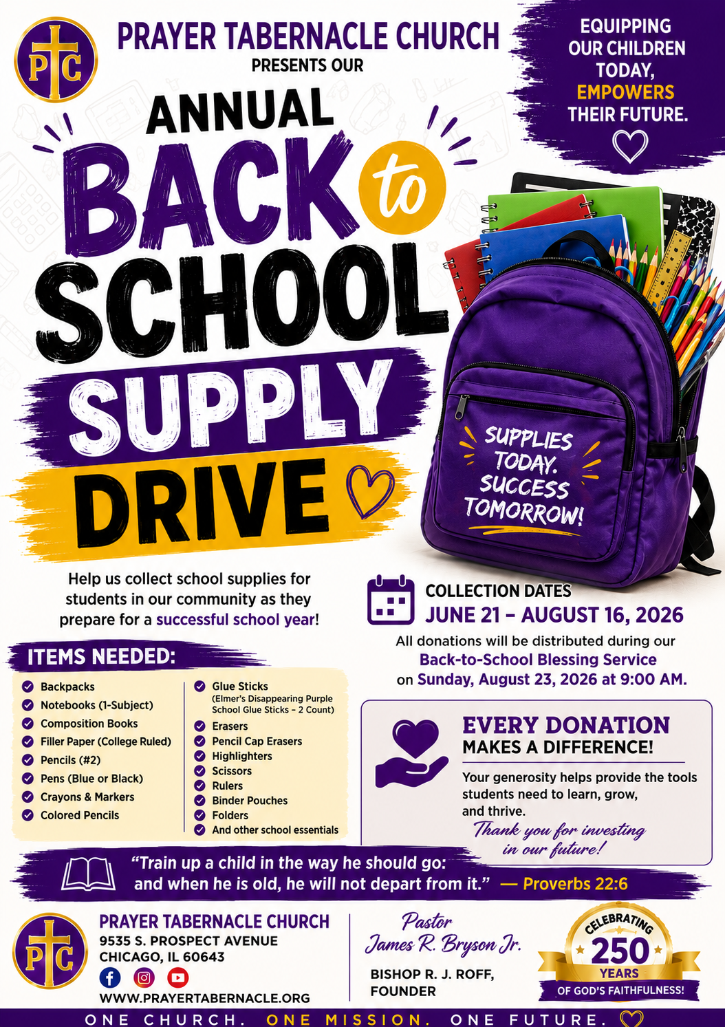 Annual Back-to-School Supply Drive — Collection dates June 21 through August 16, 2026